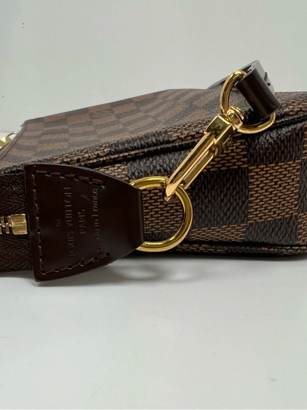 Louis Vuitton Damier Ebene Pochette Shoulder Bag Zip, Strap, Gold HW, Red Lining